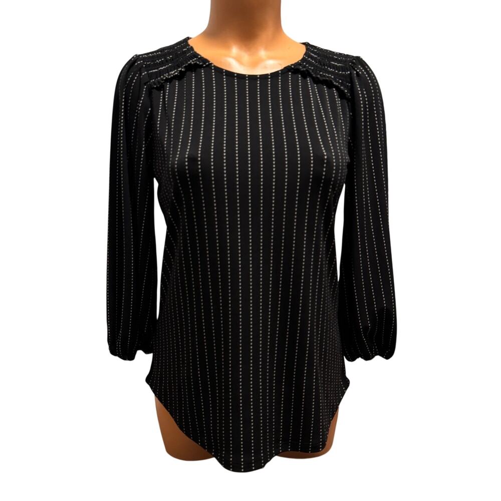 Adrianna Papell Womens XS Blouse Black White Dotted Stripe Smocked Shoulder Top